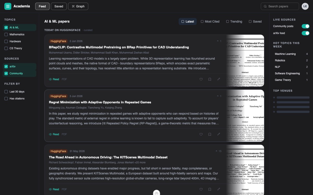 Screenshot of Academia — AI Research Feed